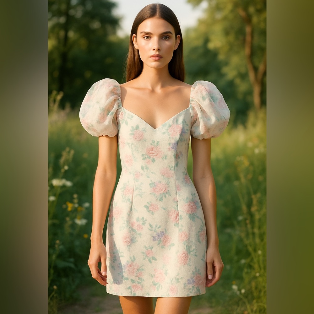 Vintage 80s 90s Romantic Floral Puff Sleeve Dress